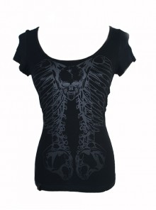 Steampunk Skull Print Back Metal Chain Cutout Black Short Sleeve T-Shirt Female