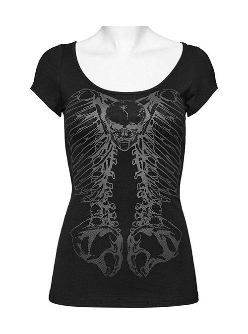 Steampunk Skull Print Back Metal Chain Cutout Black Short Sleeve T-Shirt Female