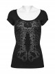 Steampunk Skull Print Back Metal Chain Cutout Black Short Sleeve T-Shirt Female