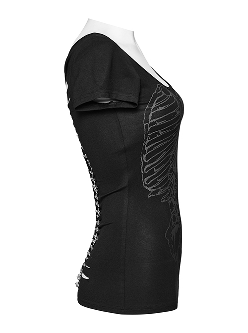 Steampunk Skull Print Back Metal Chain Cutout Black Short Sleeve T-Shirt Female