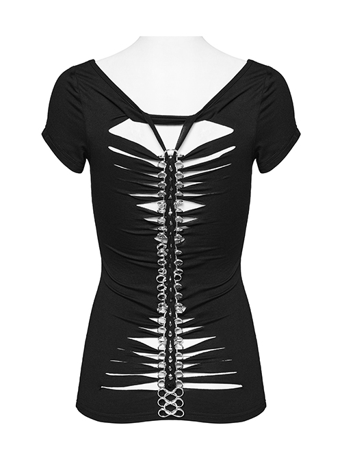Steampunk Skull Print Back Metal Chain Cutout Black Short Sleeve T-Shirt Female