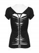 Steampunk Skull Print Back Metal Chain Cutout Black Short Sleeve T-Shirt Female