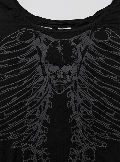Steampunk Skull Print Back Metal Chain Cutout Black Short Sleeve T-Shirt Female