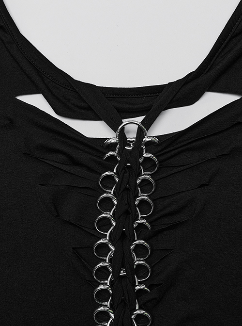 Steampunk Skull Print Back Metal Chain Cutout Black Short Sleeve T-Shirt Female