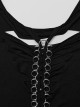 Steampunk Skull Print Back Metal Chain Cutout Black Short Sleeve T-Shirt Female
