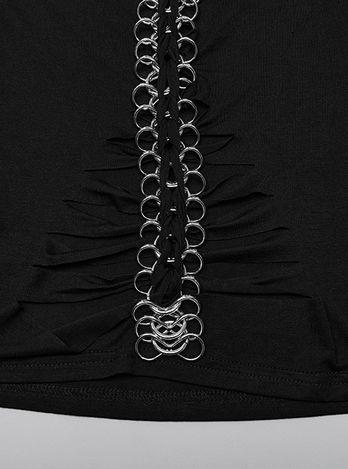 Steampunk Skull Print Back Metal Chain Cutout Black Short Sleeve T-Shirt Female