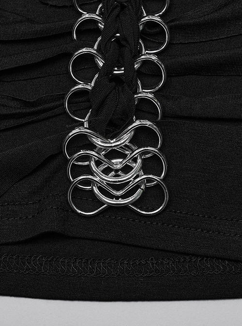 Steampunk Skull Print Back Metal Chain Cutout Black Short Sleeve T-Shirt Female