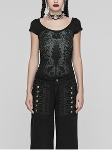 Steampunk Skull Print Back Metal Chain Cutout Black Short Sleeve T-Shirt Female