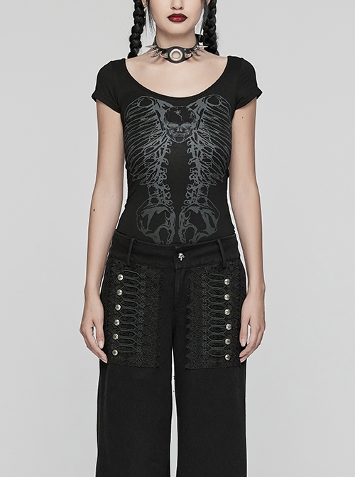Steampunk Skull Print Back Metal Chain Cutout Black Short Sleeve T-Shirt Female