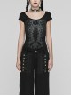 Steampunk Skull Print Back Metal Chain Cutout Black Short Sleeve T-Shirt Female