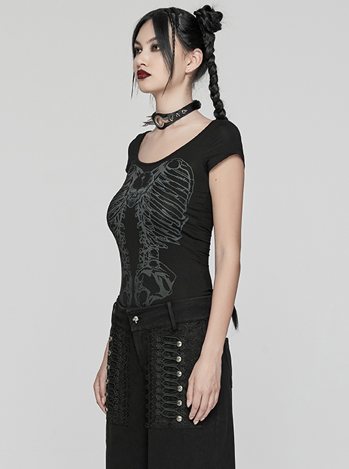 Steampunk Skull Print Back Metal Chain Cutout Black Short Sleeve T-Shirt Female