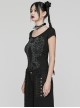 Steampunk Skull Print Back Metal Chain Cutout Black Short Sleeve T-Shirt Female