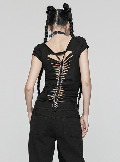 Steampunk Skull Print Back Metal Chain Cutout Black Short Sleeve T-Shirt Female