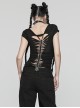 Steampunk Skull Print Back Metal Chain Cutout Black Short Sleeve T-Shirt Female