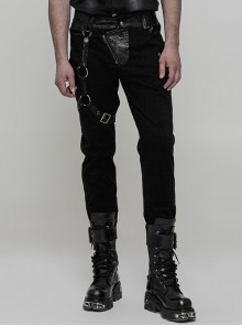 Steampunk Casual Dark Stripe Panel Metal Decorative Leg Loops Detachable Black Long Pants Male