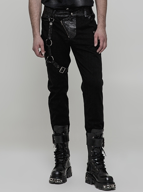 Steampunk Casual Dark Stripe Panel Metal Decorative Leg Loops Detachable Black Long Pants Male
