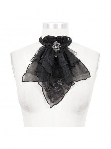Front Diamond Pendant Lace Hem Multilayer Mesh Black Lace-Up Necktie