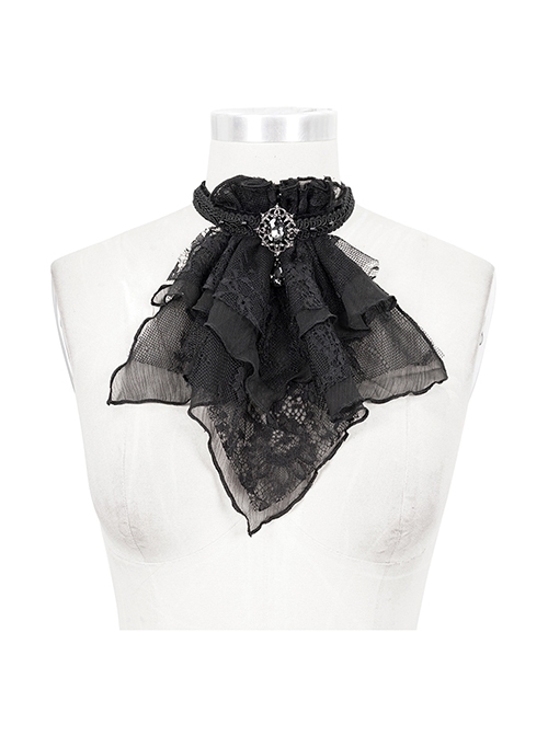 Front Diamond Pendant Lace Hem Multilayer Mesh Black Lace-Up Necktie