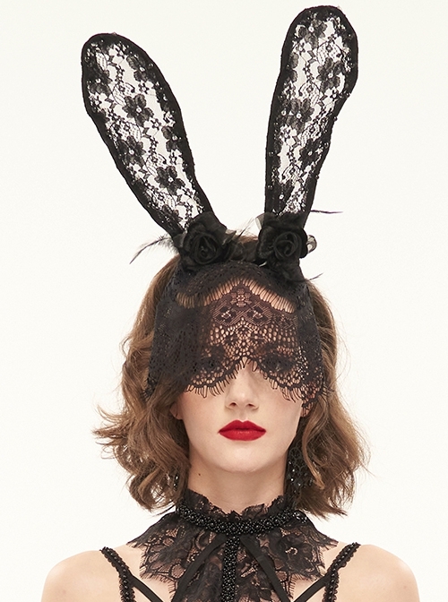 Gothic Bunny Ears Rose Lace Sexy Black Half Face Veil Female