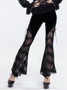 Gothic Striped Panel Semi-Sheer Lace Lace-Up Long Pants Female