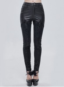Gothic Metal Rose Button Black Leather Lace Panel Slim Fit Long Pants Female