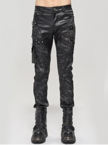 Do Old Print Detachable Multi-Pocket Splicing Metal Rivet Decoration Punk Black Long Pants Male