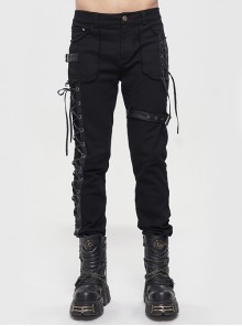 Steampunk Metal Decorative Lace Up Leg Loops Black Long Pants Male