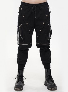 Punk Multi Pocket Skull Claw Metal Chain Decorative Zipper Wear More Black Long Pants Male