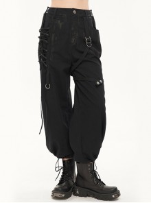 Punk Irregular Print Single Side Frenulum Ring Legs Drawstring Closing Black Long Pants Female