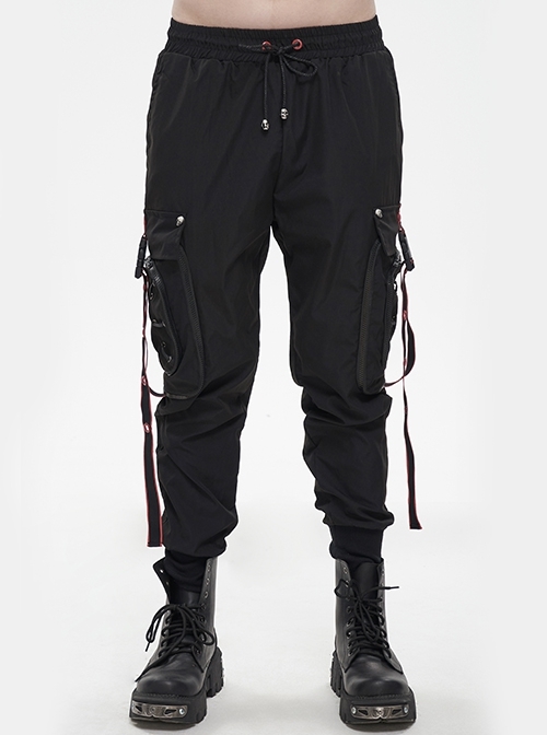 Steampunk Multi Pocket Black-Red Webbing Decorative Drawstring Black Long Pants Male