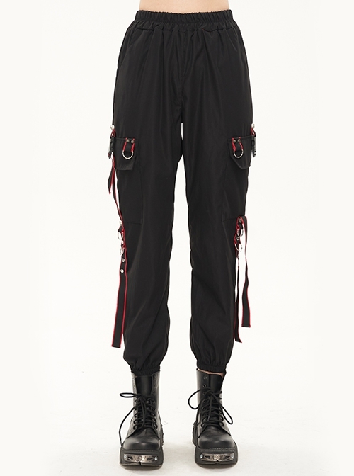 Black Casual Skull Black-Red Webbing Decoration Punk Black Long Pants Female