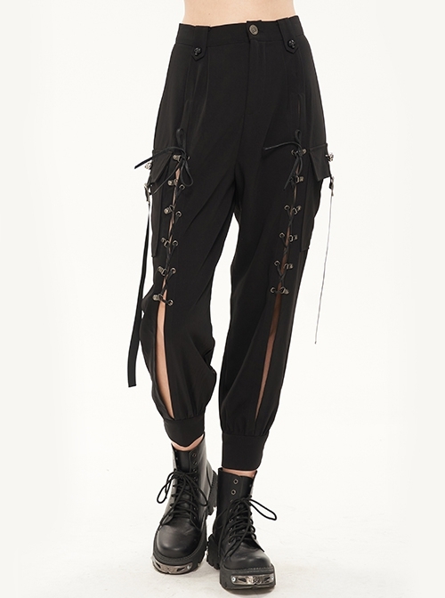 Punk Multi Pocket Skull Head Decoration Trouser Leg Opening Tie Black Long Pants Female