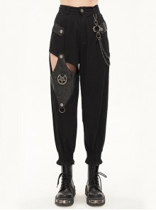 Black Cutout Leather Splicing Detachable Metal Chain Punk Long Pants Female