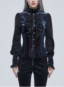 Black Turtleneck Three-Dimensional Lace Lantern Sleeves Stitched Velvet Lace-Up Gothic Long-Sleeved Shirt Female