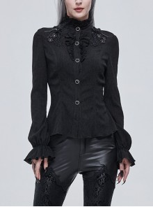 Black Lace High-Neck Three-Dimensional Embroidered Small Lantern Trumpet Sleeves Frenulum Gothic Long-Sleeved Shirt Female