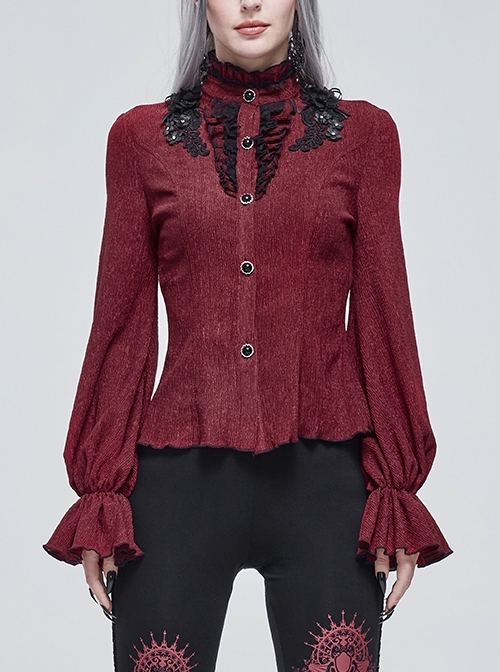 Gothic Black Lace High-Neck Three-Dimensional Embroidered Small Lantern Trumpet Sleeves Frenulum Long-Sleeved Shirt Female