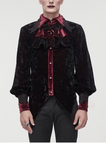 Gothic Lace Stand Collar Ruffle Lantern Sleeves Black-Red Velvet Crack Shirt Male