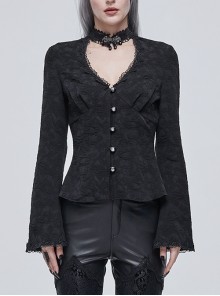 Gothic V-Neck Metal Buttons Pendant Lace Jacquard Frenulum Long-Sleeved Shirt Female