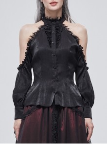 Black Sexy Off-the-Shoulder Halter Lace Ruffled Lantern Sleeves Gothic Shirt Female