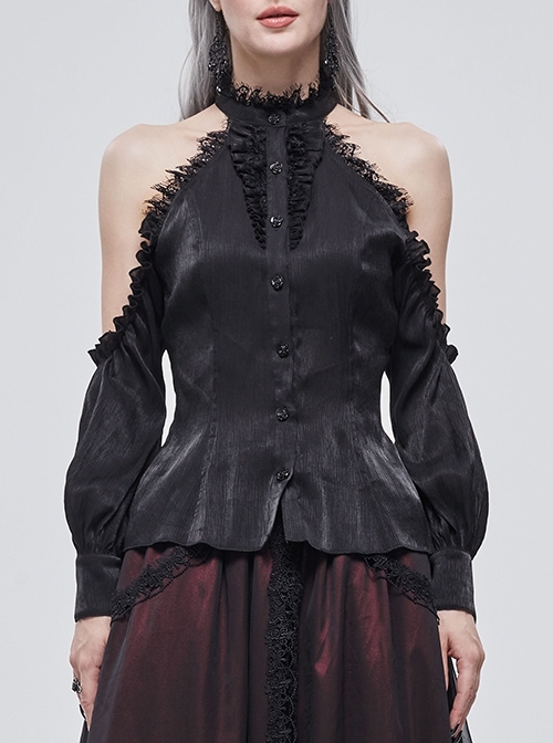 Black Sexy Off-the-Shoulder Halter Lace Ruffled Lantern Sleeves Gothic Shirt Female