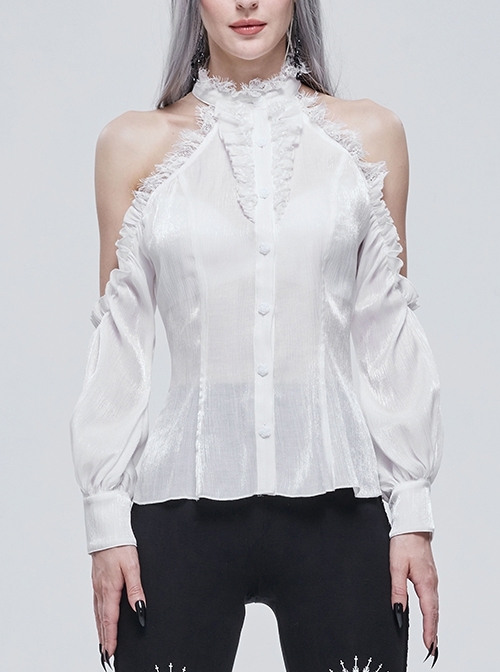 Gothic Sexy Off-the-Shoulder Halter Lace Ruffled Lantern Sleeves White Shirt Female