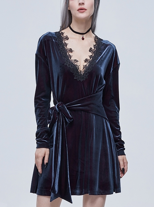 Gothic Lace V Neck Bow-Knot Frenulum Black-Red Velvet Long Sleeve Dresses Female