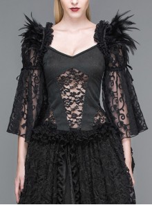 Black Square Neck Feather Lace Flare Sleeve Lace Up Goth Shirt Female
