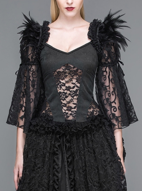 Black Square Neck Feather Lace Flare Sleeve Lace Up Goth Shirt Female