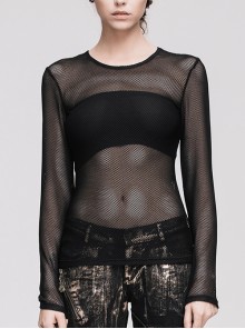 Black Basic See-Through Sexy Hexagonal Mesh Long Sleeve Punk T-Shirt Female