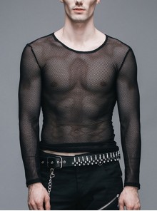 Punk Basic See-Through Sexy Hexagonal Mesh Long Sleeve Black T-Shirt Male