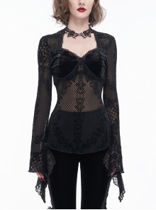 Gothic Sexy Velvet Mesh Splicing Metal Buttons Flared Sleeve Lace Black T-Shirt Female