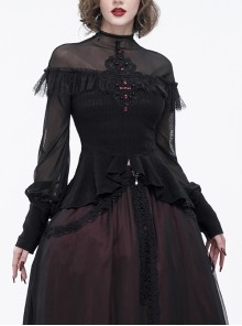 Gothic Retro Perspective Sexy Turtleneck Lace Panel Mesh Lantern Sleeve Black T-Shirt Female