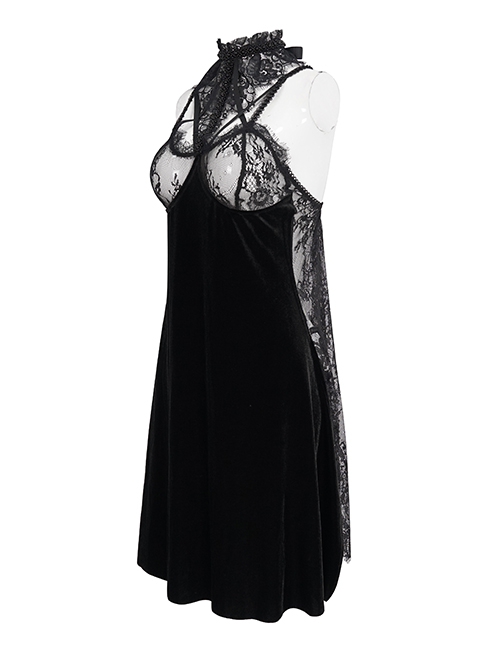 Black Turtleneck Perspective Lace Slit Velvet Sexy Gothic Dresses Female