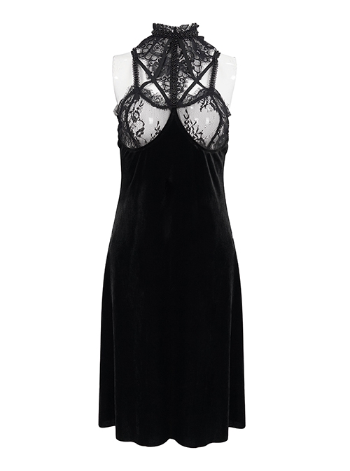 Black Turtleneck Perspective Lace Slit Velvet Sexy Gothic Dresses Female